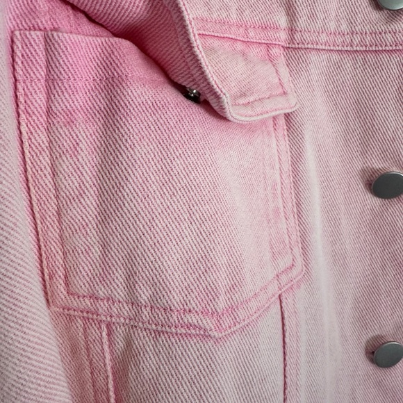 BIBI Pink Washed Denim Jacket Crochet Granny Square Sleeves Boho Cowgirl SZ SM - Picture 3 of 16